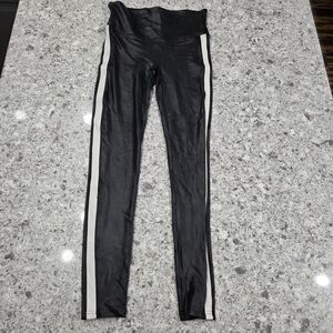Spanx Faux Leather Leggings Black With White Side Stripes Women Medium